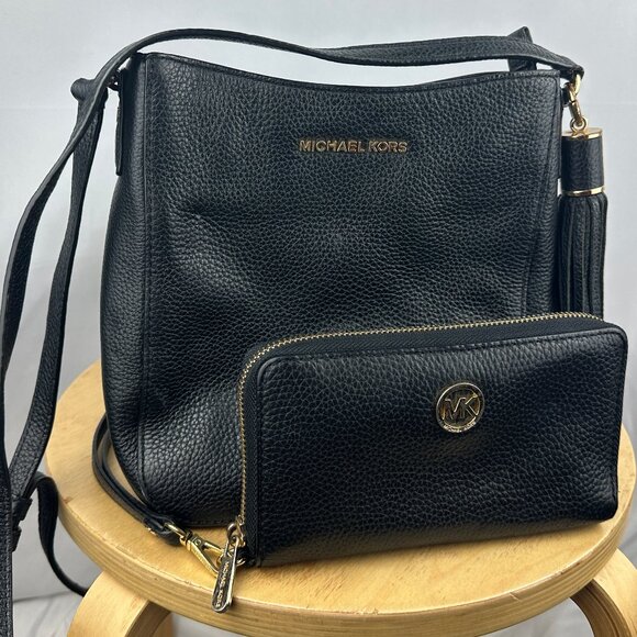 Michael Kors Handbags - BUNDLE: Michael Kors Black Leather Bedford Tassel Crossbody Purse w/ Wallet